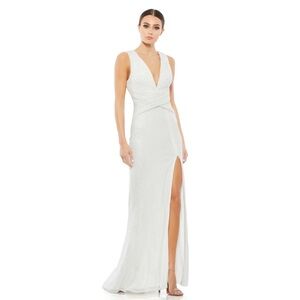 NWT $398 MAC DUGGAL V-NECK SEQUIN WRAP WAIST GOWN WHITE 26598